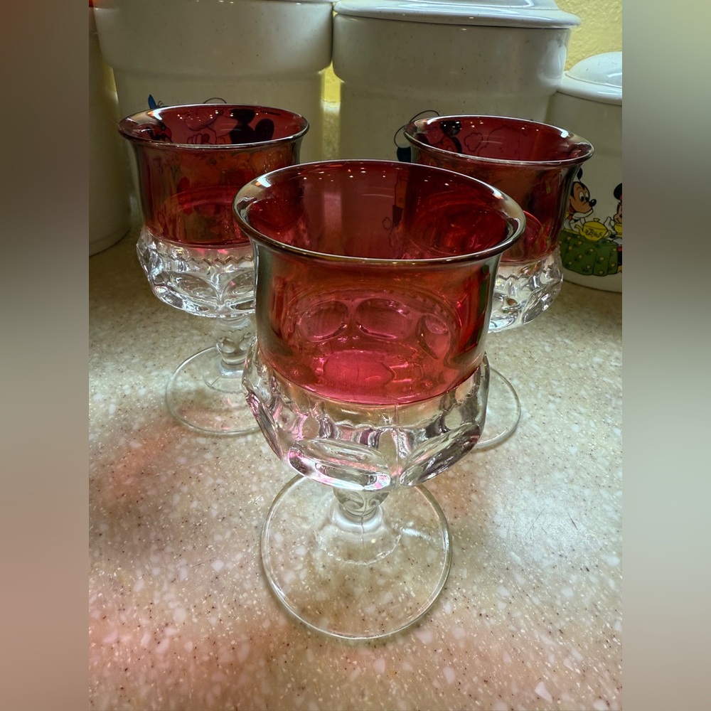 Kings Crown Thumbprint Ruby Cranberry Goblets Set of 3 Red Glasses Vine Juice